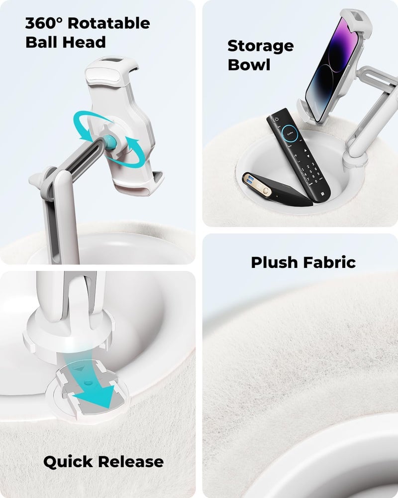 Viozon Tablet Stand Pillow, Compatible with 4.7"-13" Phone/Tablet, iPad, iPhone, Samsung, Google, Kindle, 360°Adjustable Phone Holder for Bed with Soft Plush Fabric, and Detachable Bowl, White - Image 5